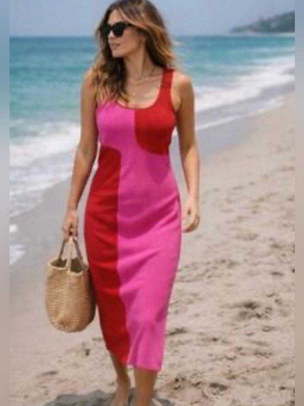 Naked wardrobe Colorblock Pink and Red Bodycon Midi Dress NWOT - Picture 3 of 7